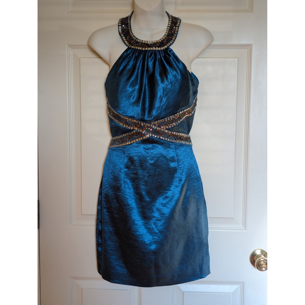 Morgan & Co. Teal Blue Beaded Halter Cocktail Dress Open Back Women's 3/4